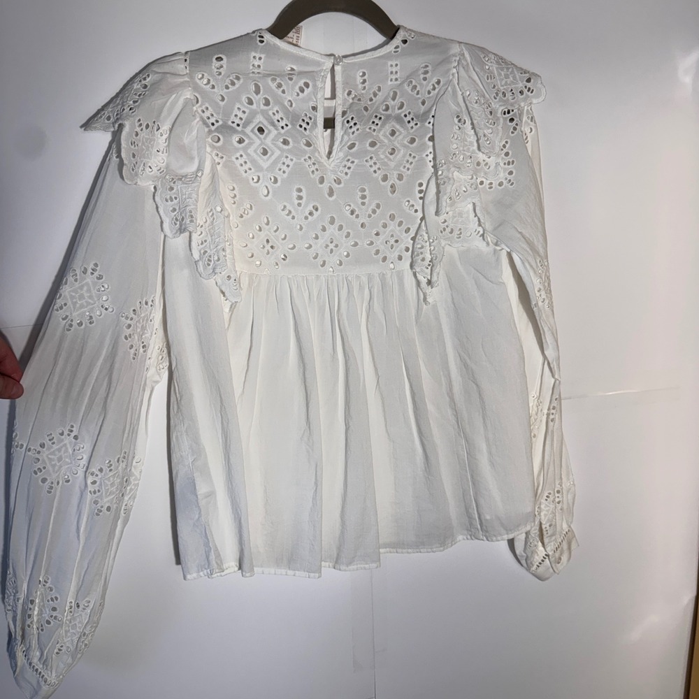 HM Eyelet Ruffle Blouse Womens‎ Size 2 White Long Sleeve Cotton Boho Cottagecore - Picture 6 of 12